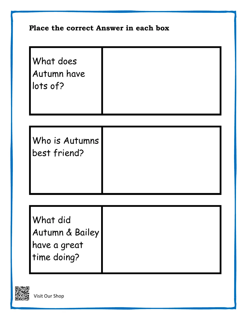 Story #1 questions: students recall what Autumn has lots of, who her best friend is and what she and Bailey did