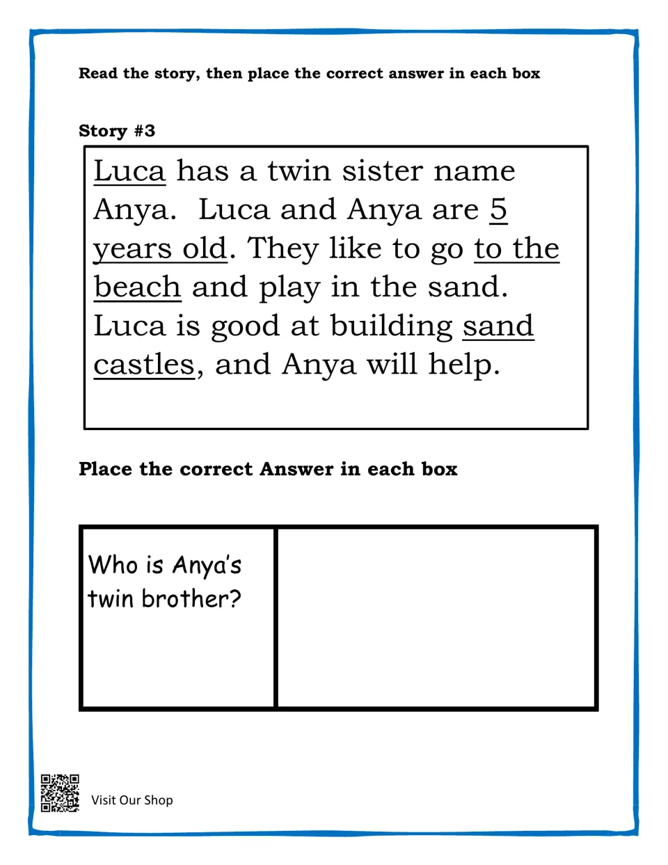 Story #3 about twins Luca and Anya building sand castles at the beach; students answer who Anya's twin brother is