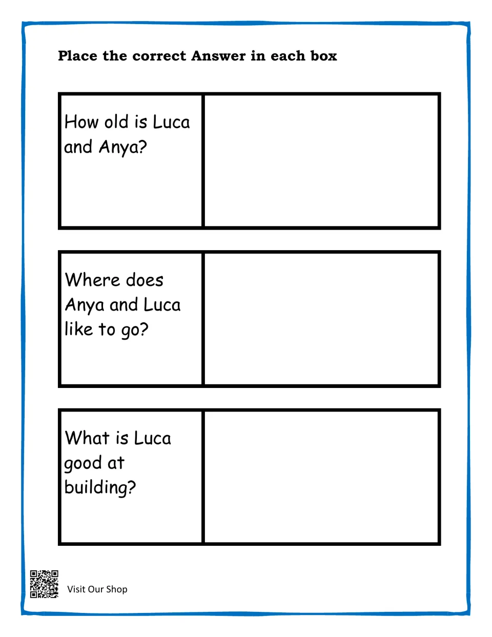 Story #3 questions: students recall how old Luca and Anya are, where they like to go and what Luca is good at building
