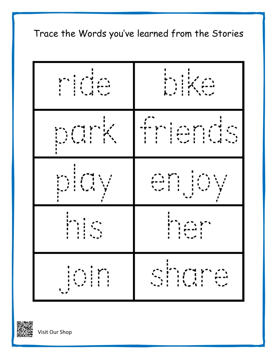 Word tracing from the stories: students trace dotted words ride, bike, park, friends, play, enjoy, his, her, join, share