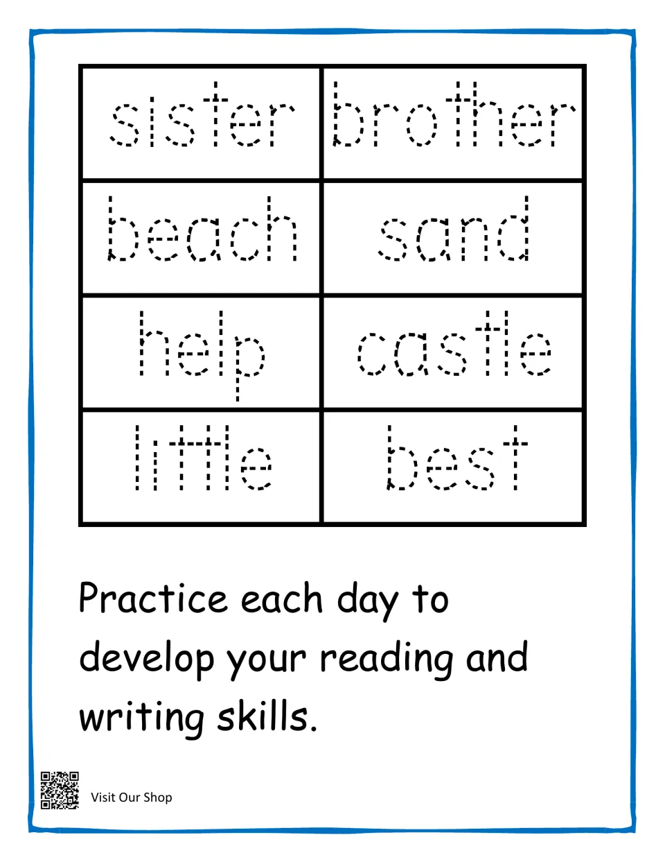 Story word tracing: students trace sister, brother, beach, sand, help, castle, little and best, plus a daily practice note