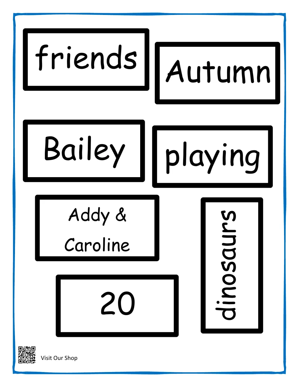 Cut-out answer cards for Stories 1 and 2: friends, Autumn, Bailey, playing, Addy & Caroline, 20 and dinosaurs
