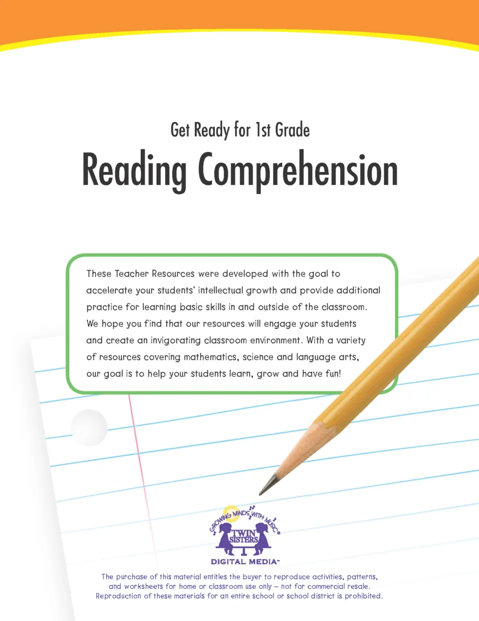 Get Ready for 1st Grade Reading Comprehension cover from Twin Sisters with an intro note to teachers and copying rules