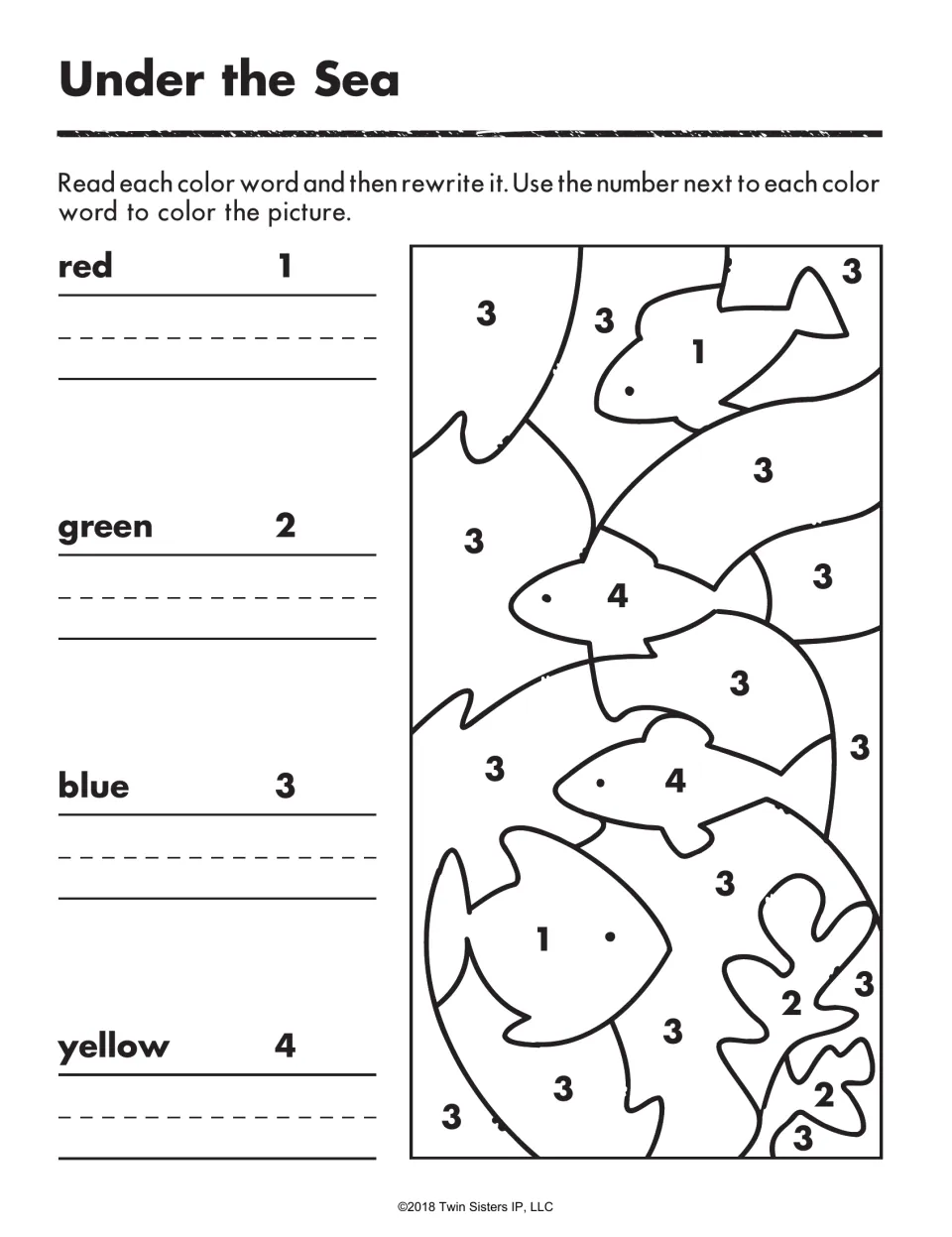 Under the Sea color words: students rewrite red, green, blue and yellow, then color a fish scene by number