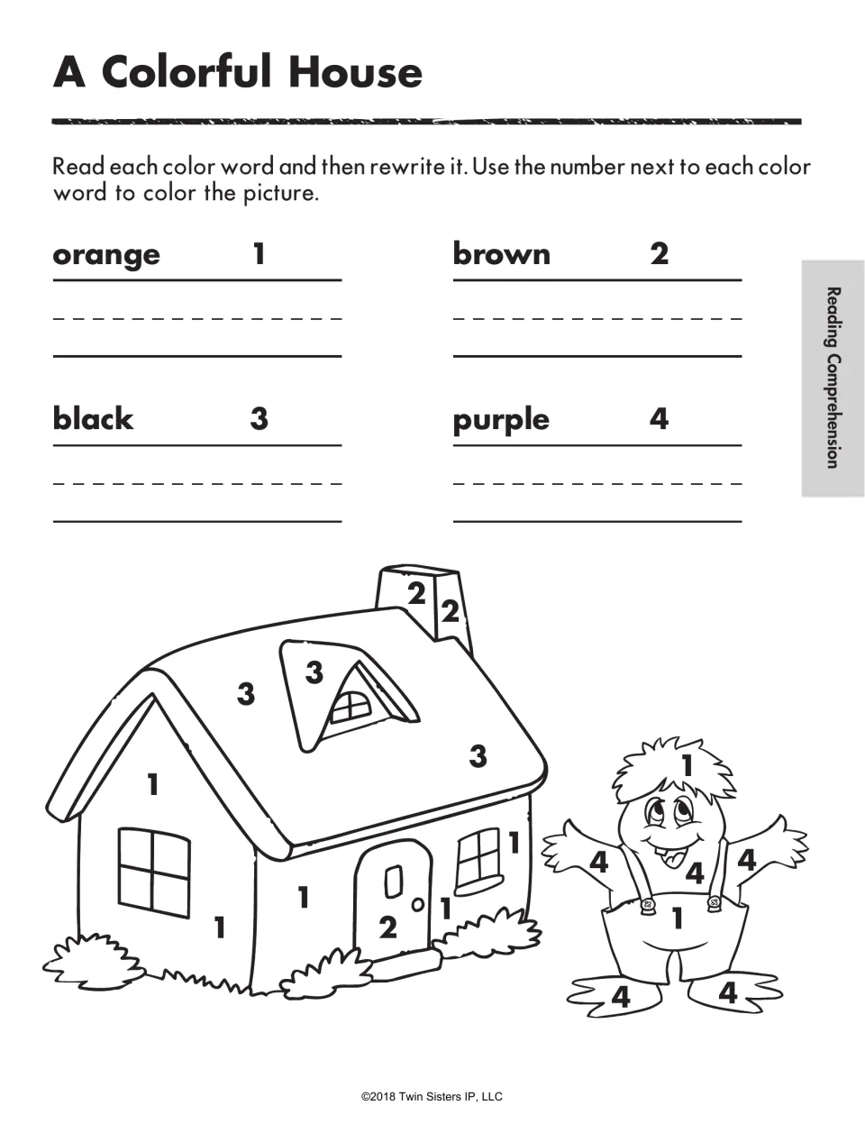 A Colorful House: students read and rewrite orange, brown, black and purple, then color a house and cartoon kid by number
