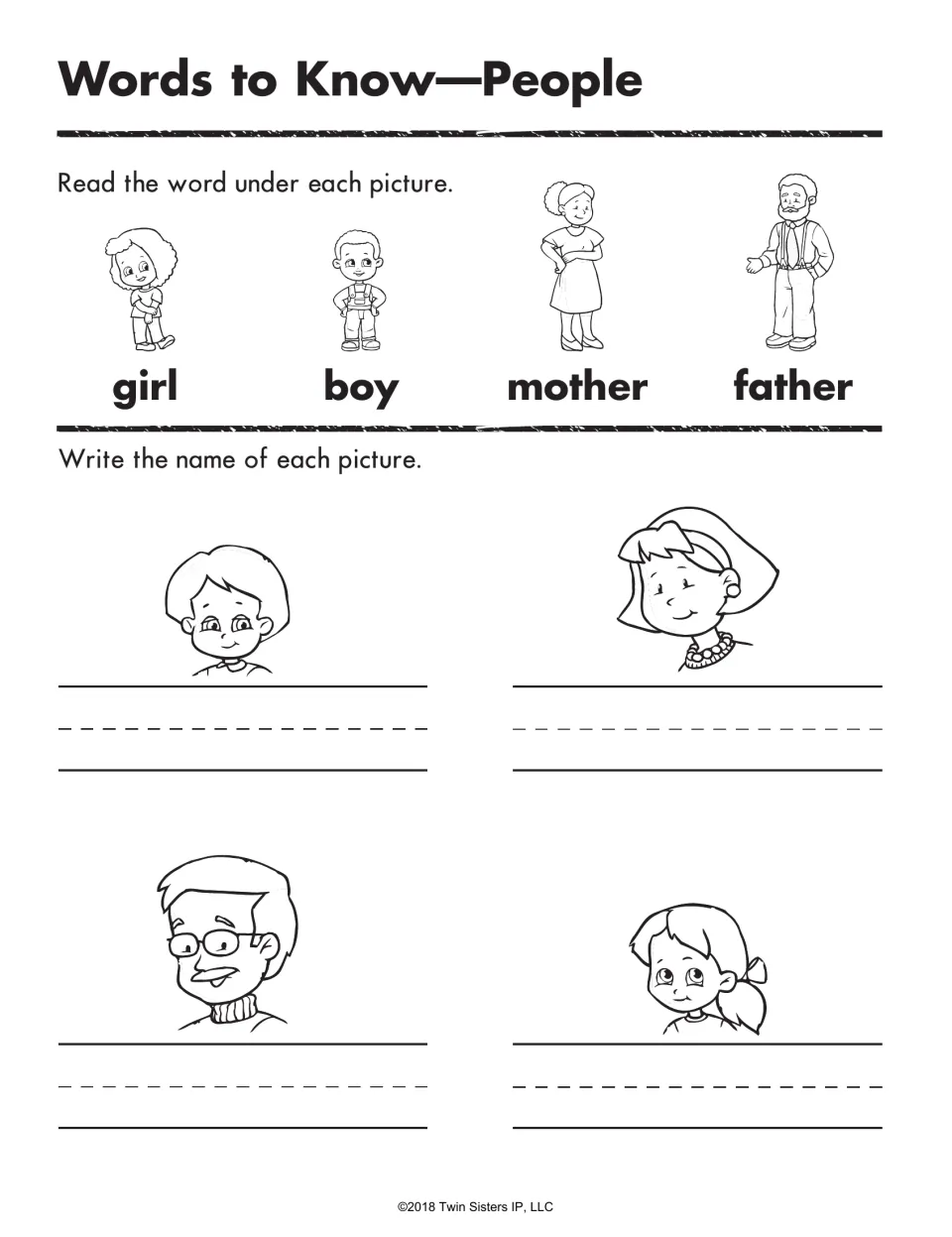Words to Know, People: students read girl, boy, mother and father under pictures, then write the word for each face