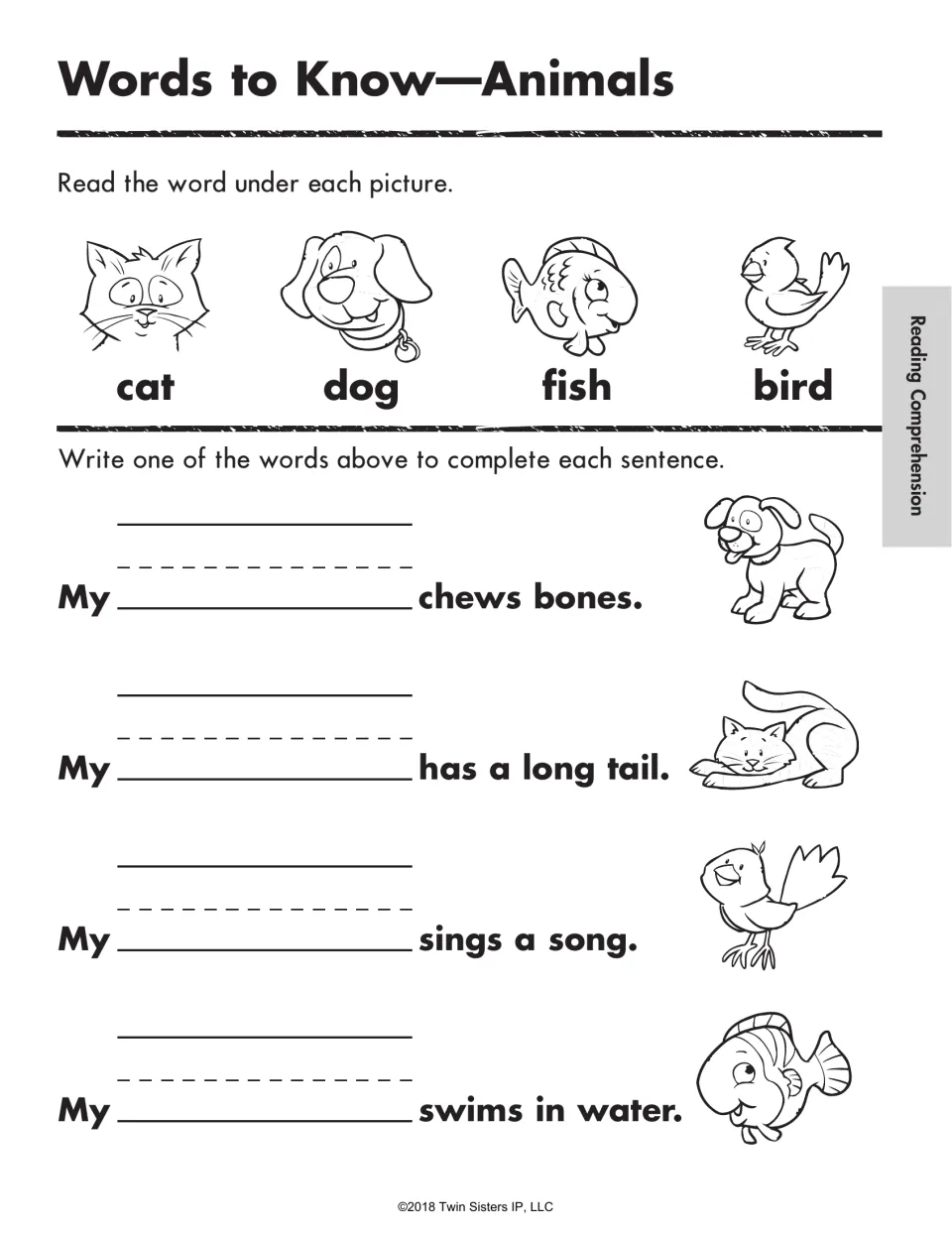 Words to Know, Animals: students read cat, dog, fish and bird, write one to finish sentences like 'My ___ chews bones.'