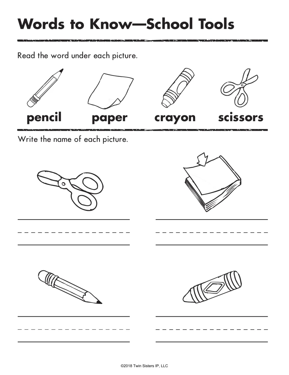 Words to Know, School Tools: students read pencil, paper, crayon and scissors, then write the name under each tool