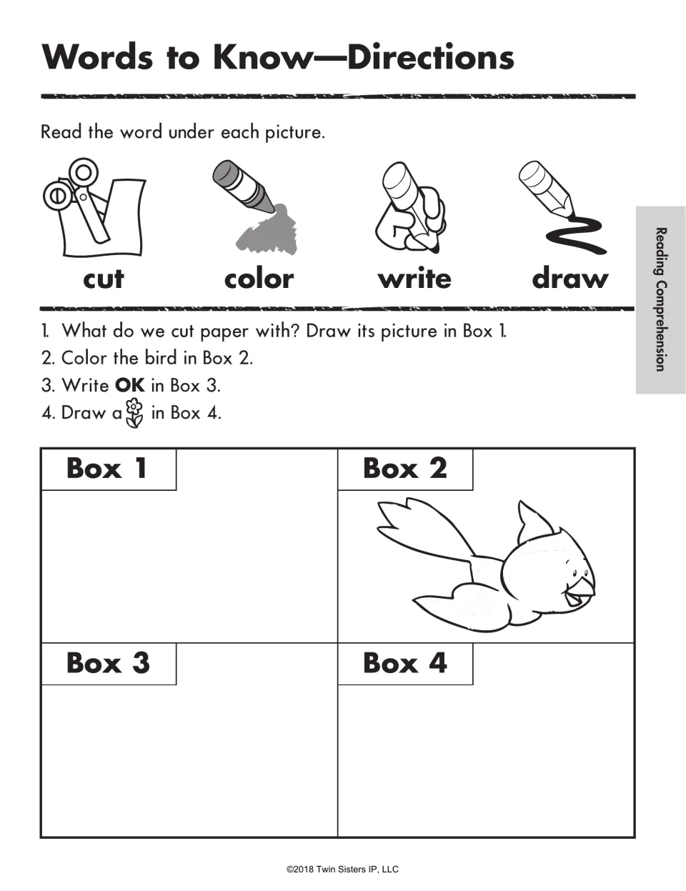 Words to Know, Directions: students read cut, color, write and draw, then follow 4 steps to fill in Boxes 1 to 4