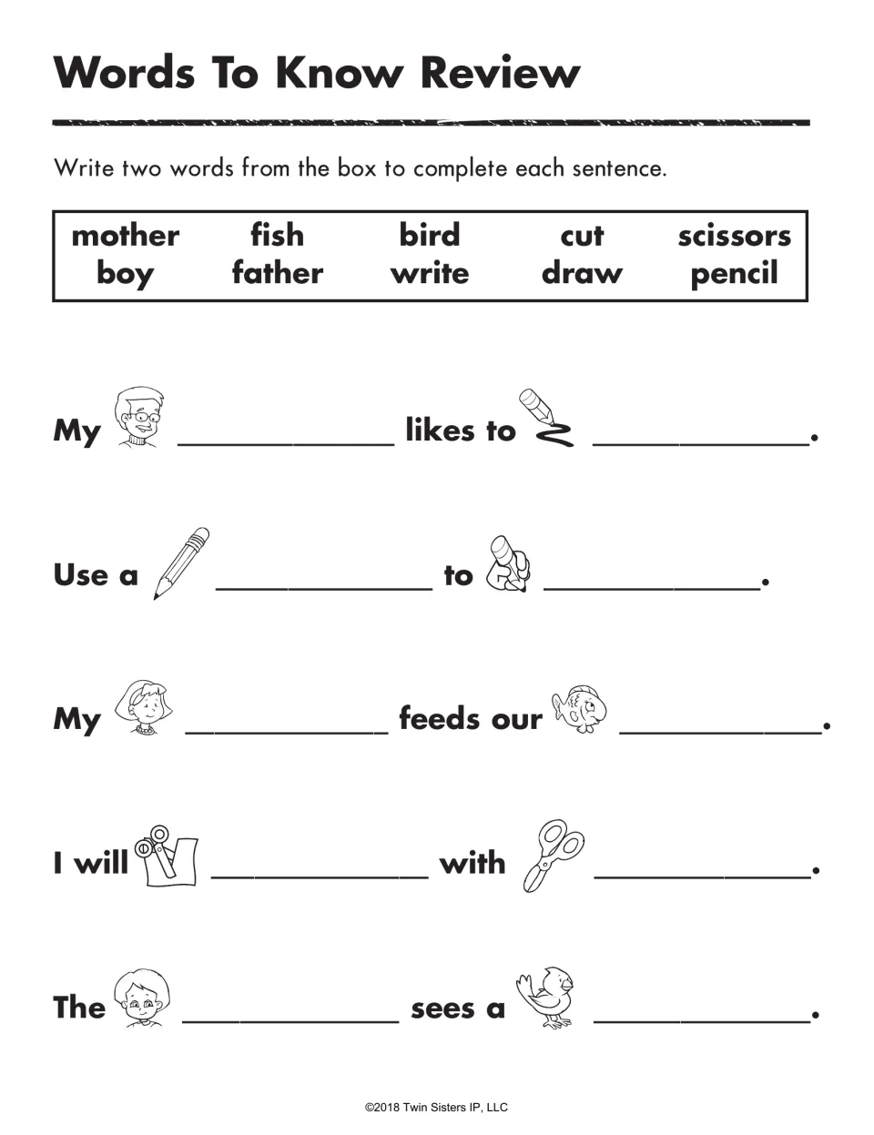 Words To Know Review: students use picture clues and a 10-word bank to write two words in each of five sentences