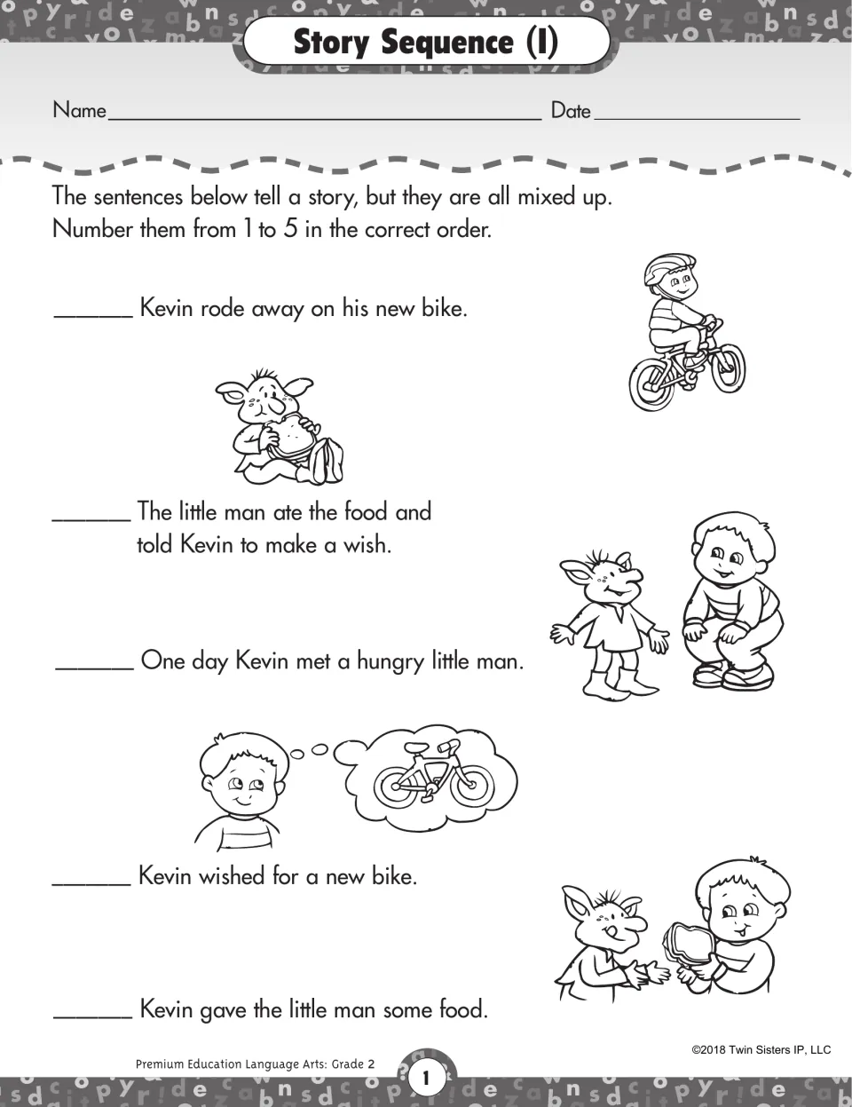 Story Sequence (I) activity: number five sentences about Kevin feeding a little man and wishing for a bike