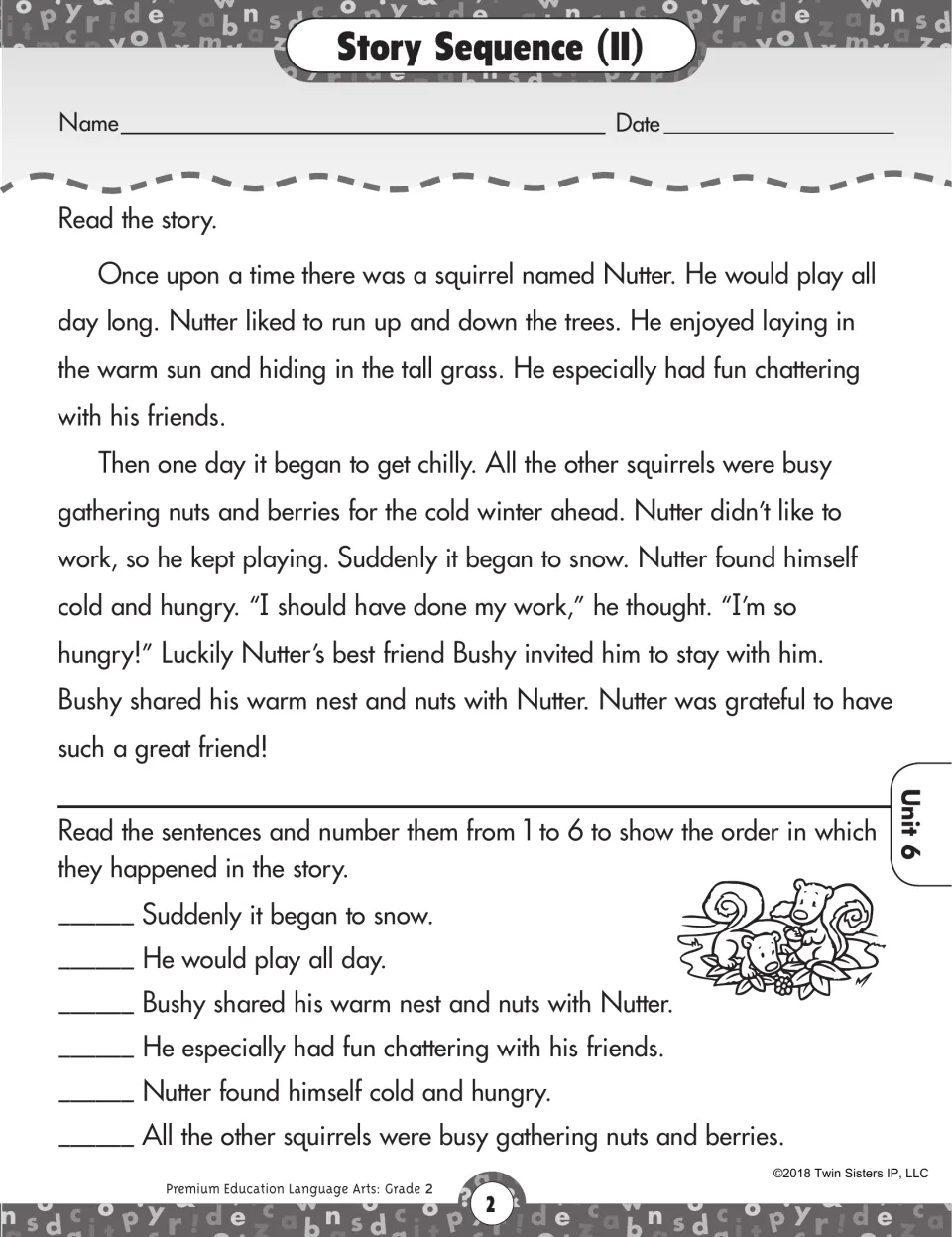 Story Sequence (II) activity: read about Nutter the squirrel and number six events in the order they happened