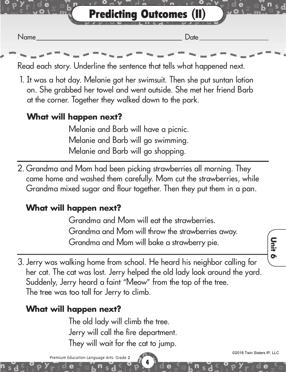 Predicting Outcomes (II) activity: select endings for stories about swimming, baking, and a cat in a tree