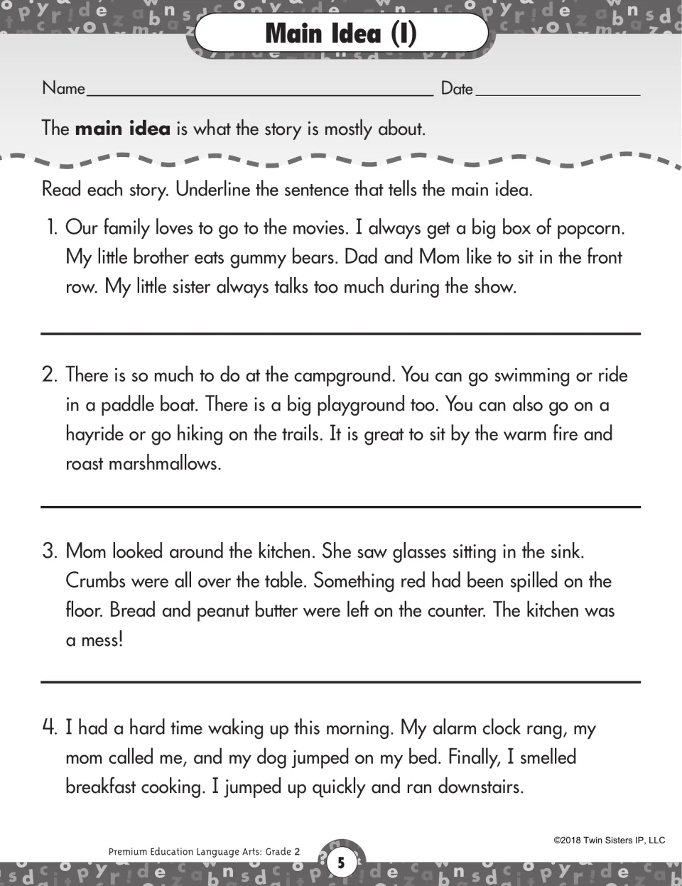 Main Idea (I) activity: underline main ideas in passages about movies, camping, a messy kitchen, and waking up
