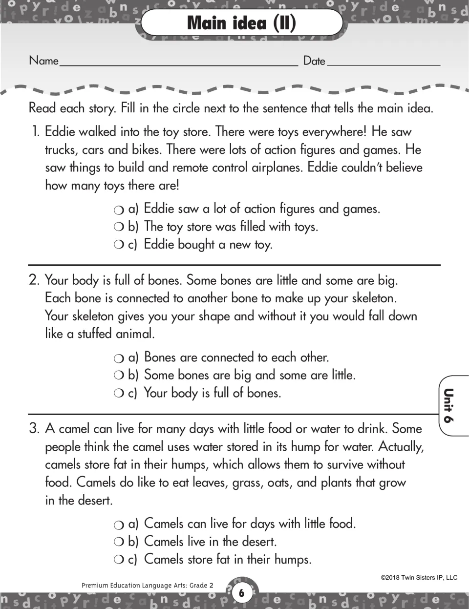 Main idea (II) activity: choose the main idea for three passages about a toy store, body bones, and camels