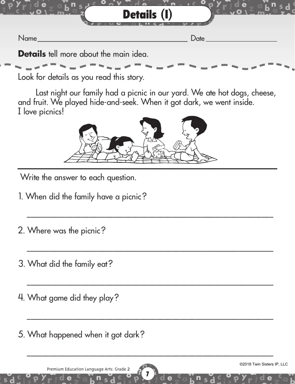 Details (I) activity: read about a family picnic and answer five questions about its time, place, and events