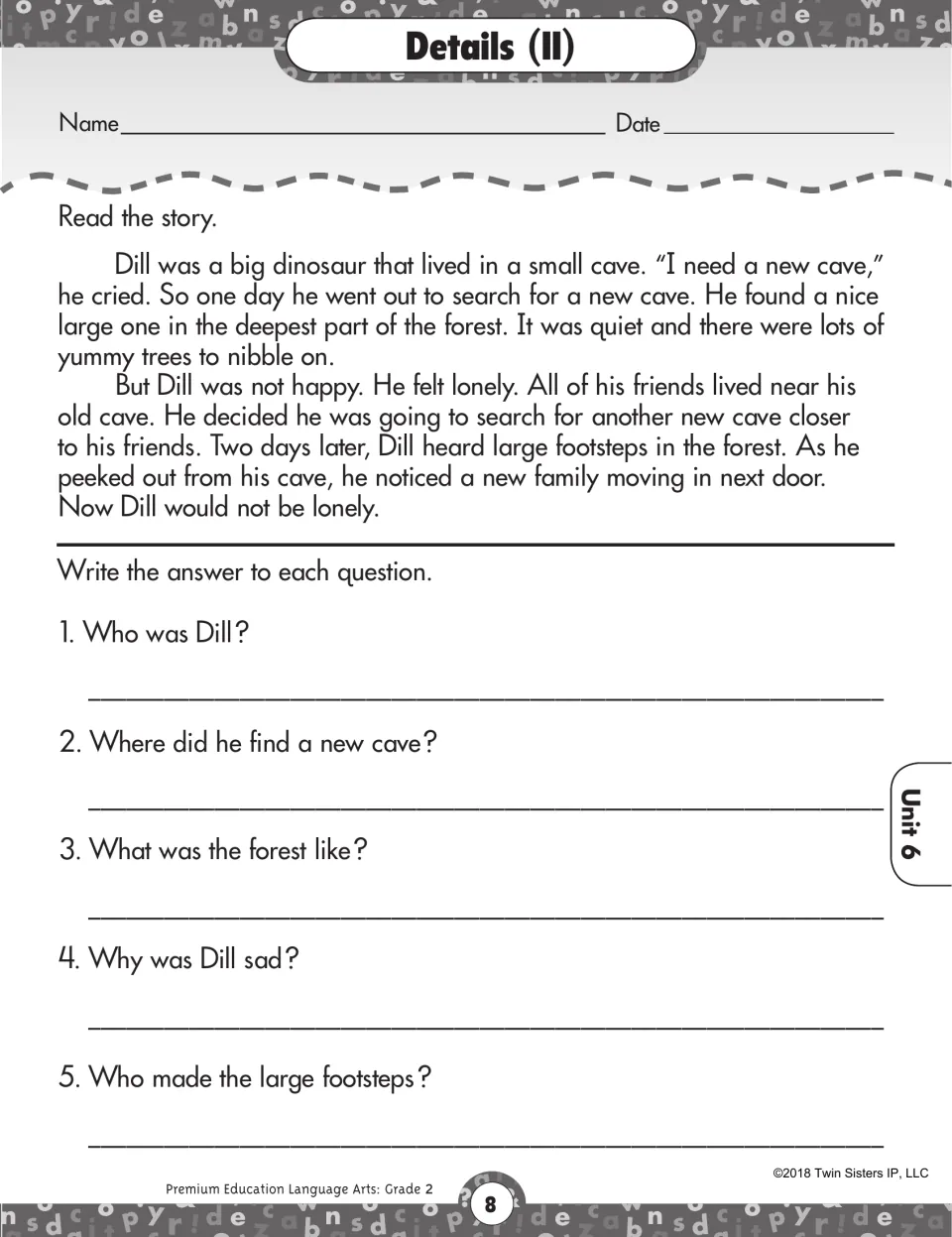 Details (II) activity: read about Dill the dinosaur's search for a new cave and answer five story questions