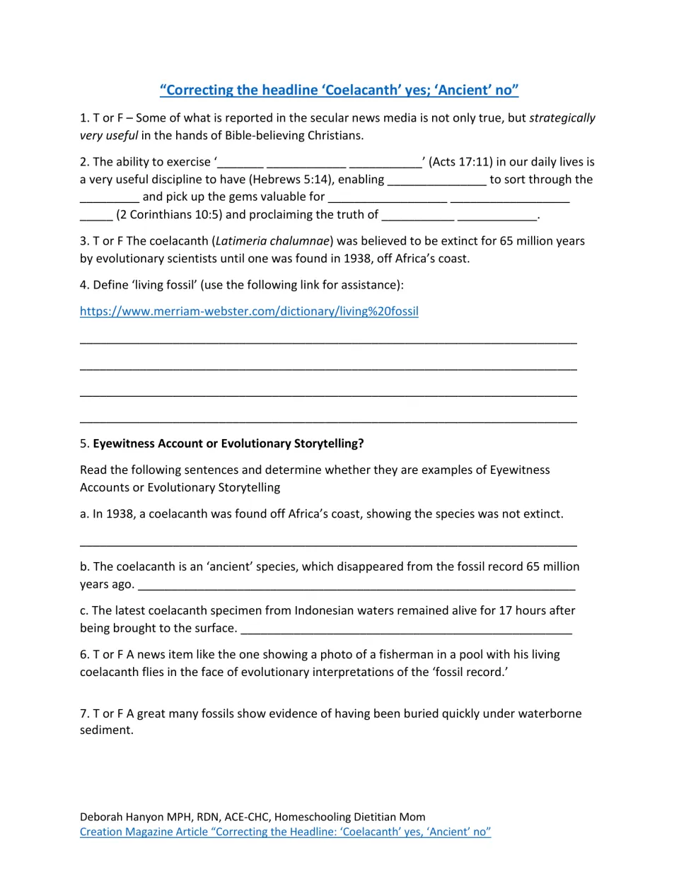 Coelacanth quiz questions 1–7: biblical discernment, living fossils, and eyewitness accounts versus storytelling.