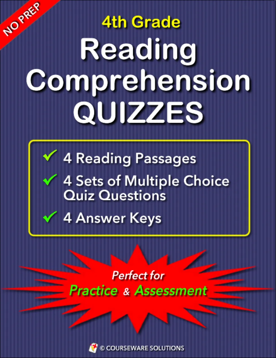 4th grade reading comprehension quiz cover listing 4 passages, 4 multiple choice question sets and 4 answer keys