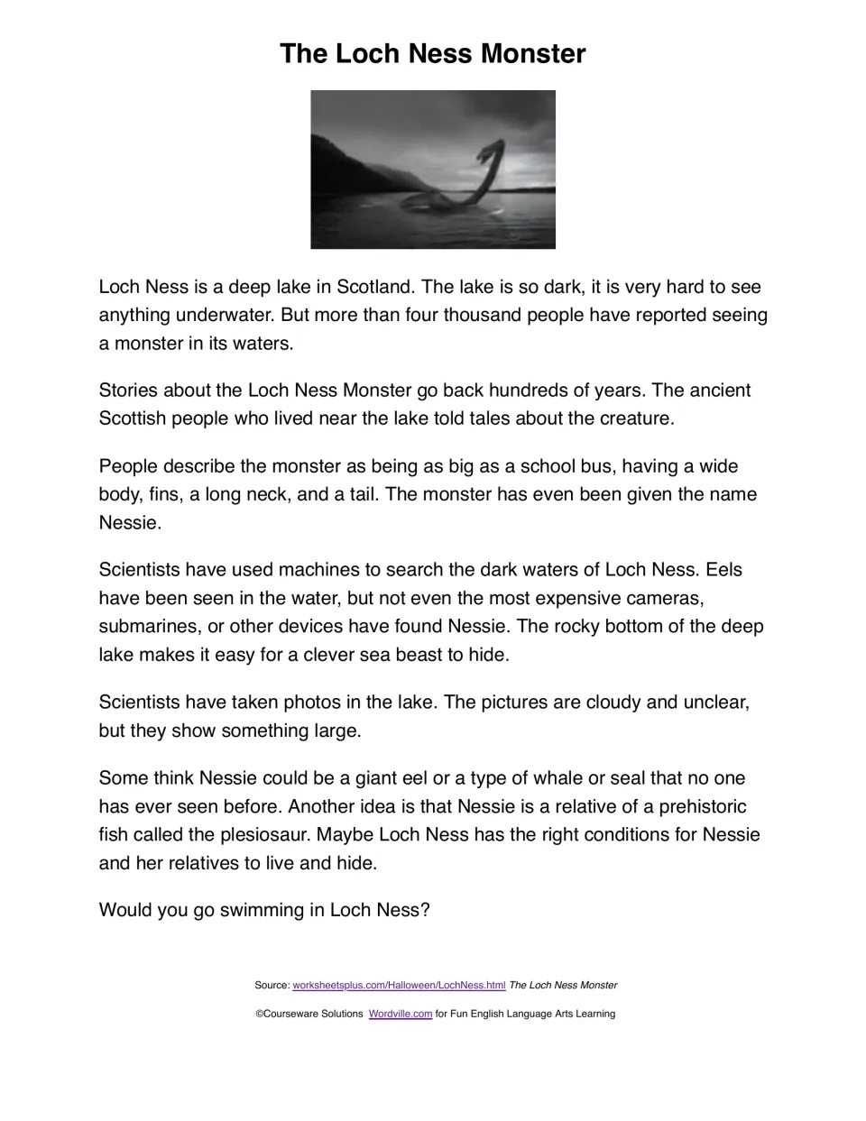 The Loch Ness Monster passage: students read about Nessie sightings, scientists' searches and theories like the plesiosaur
