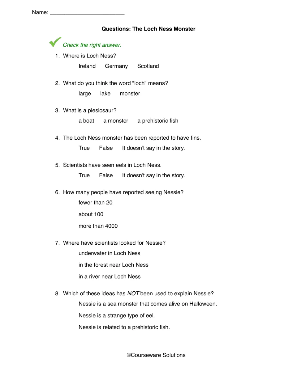 Loch Ness Monster questions: students check the right answer for 8 items on recalling details and the meaning of 'loch'
