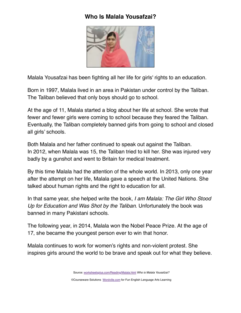 Who Is Malala Yousafzai? biography passage on her fight for girls' education, the Taliban attack and her Nobel Peace Prize