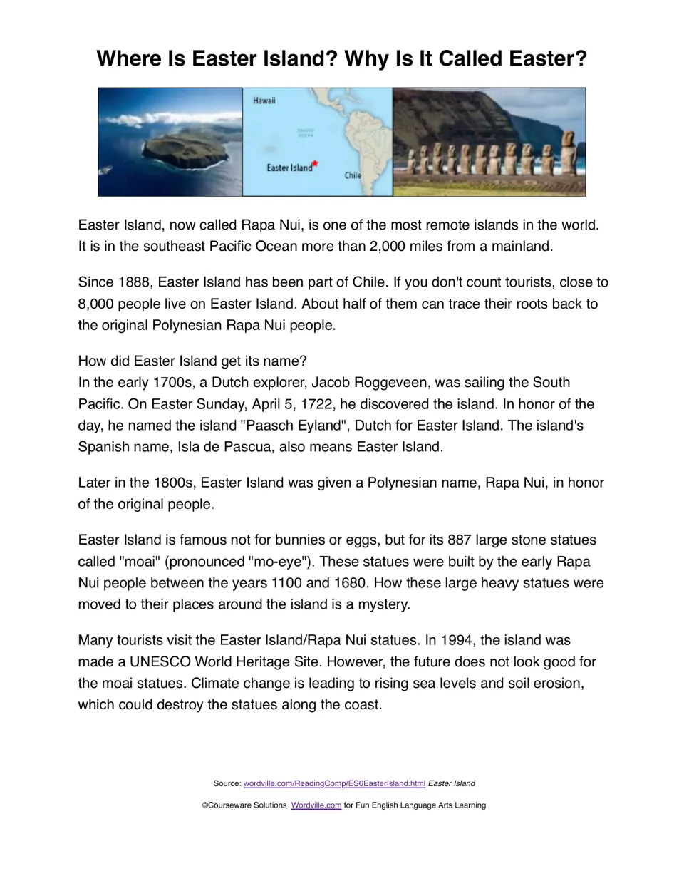 Where Is Easter Island? passage explaining its Easter Sunday naming, the Rapa Nui people and the moai statues at risk