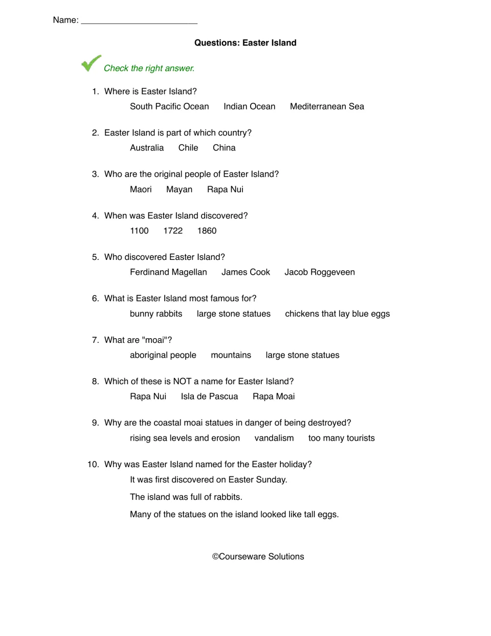 Easter Island questions: students check the right answer for 10 items on its location, discoverer, moai and its name