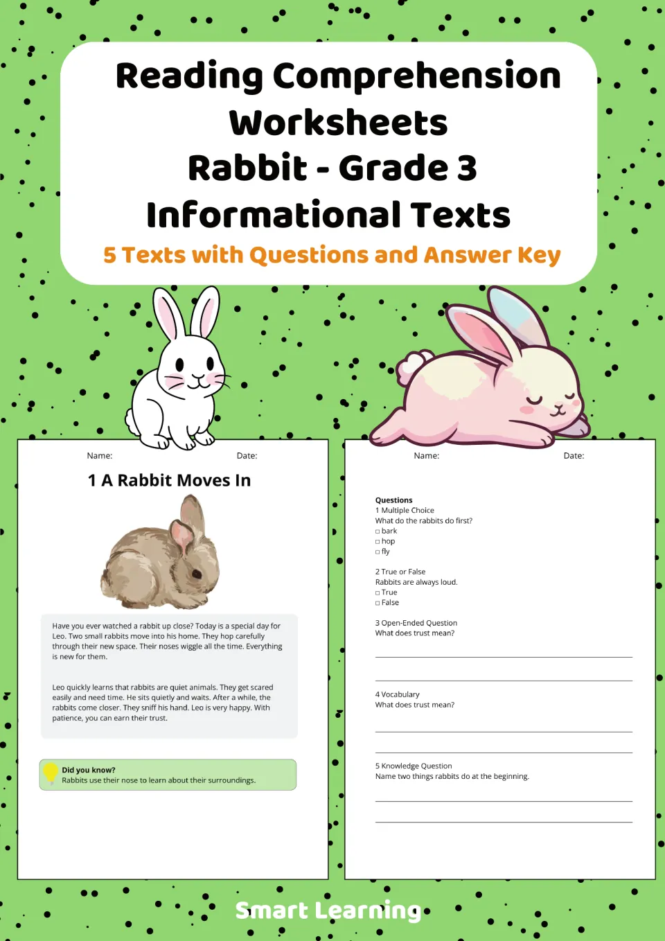 Cover of the grade 3 rabbit reading packet advertising five informational texts with questions and an answer key