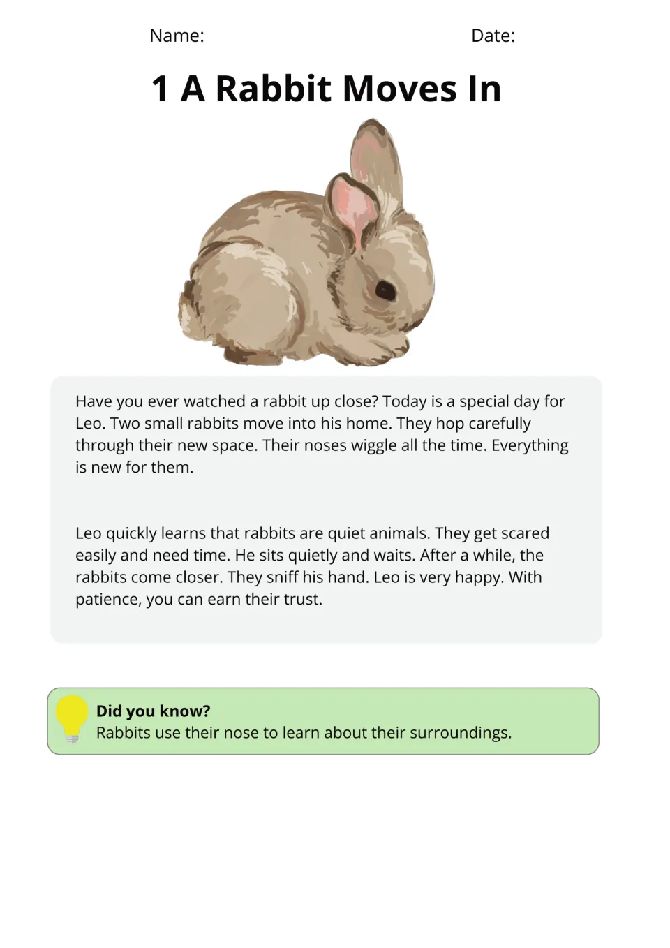 Passage 1, 'A Rabbit Moves In,' describes Leo welcoming two rabbits and patiently earning their trust