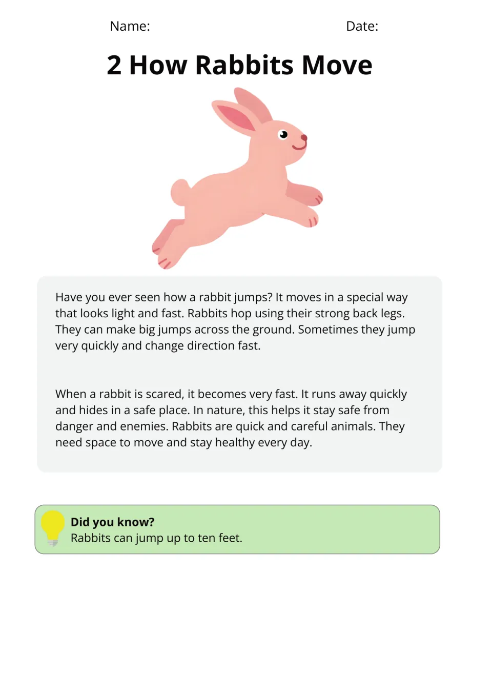 Passage 2, 'How Rabbits Move,' explains hopping with strong back legs, changing direction, and escaping danger