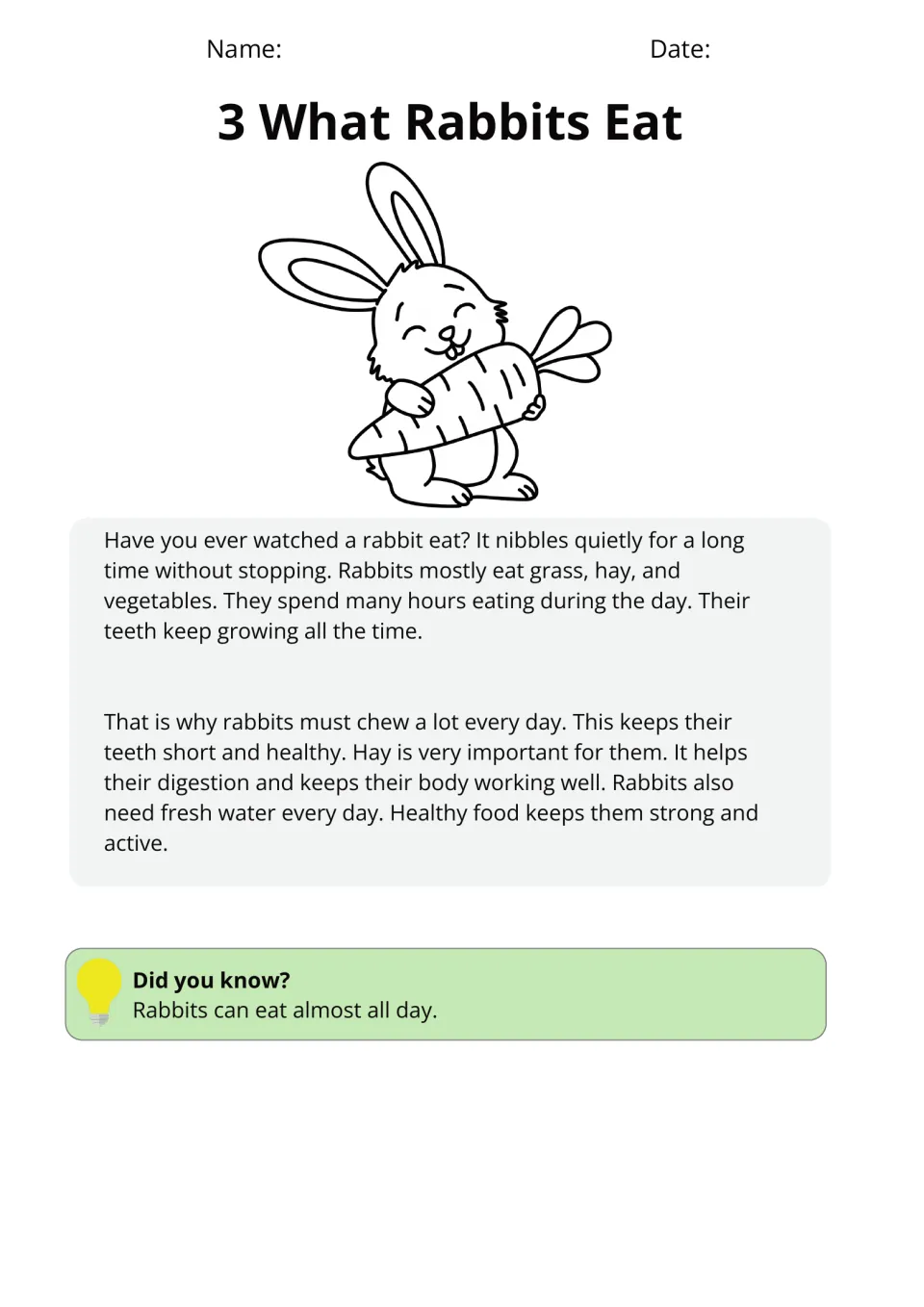 Passage 3, 'What Rabbits Eat,' explains grass, hay, vegetables, growing teeth, chewing, and fresh water needs