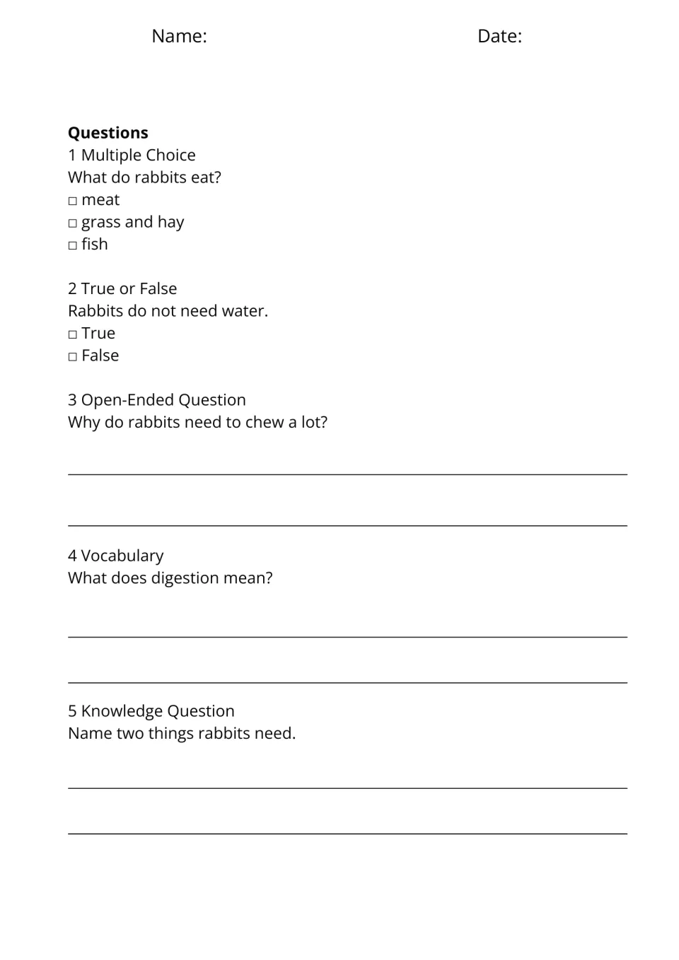 Five questions for 'What Rabbits Eat' cover food, water, why rabbits chew, and the meaning of digestion