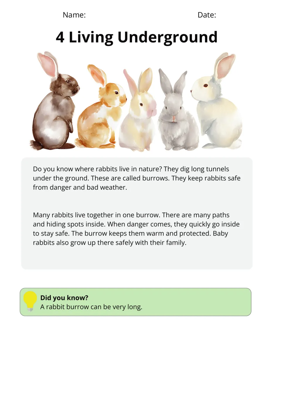 Passage 4, 'Living Underground,' describes rabbit burrows, shared tunnels, and shelter from danger and weather