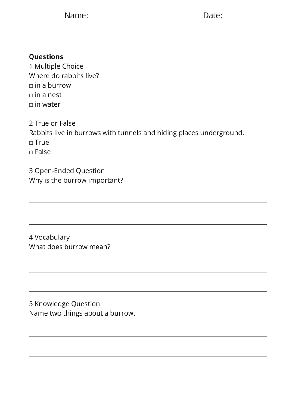 Five questions for 'Living Underground' ask where rabbits live, why burrows matter, and what burrow means