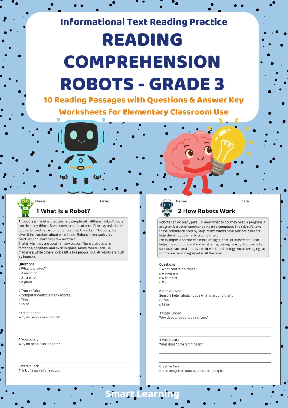 Cover for informational text reading practice about robots: 10 passages with questions and an answer key, grade 3