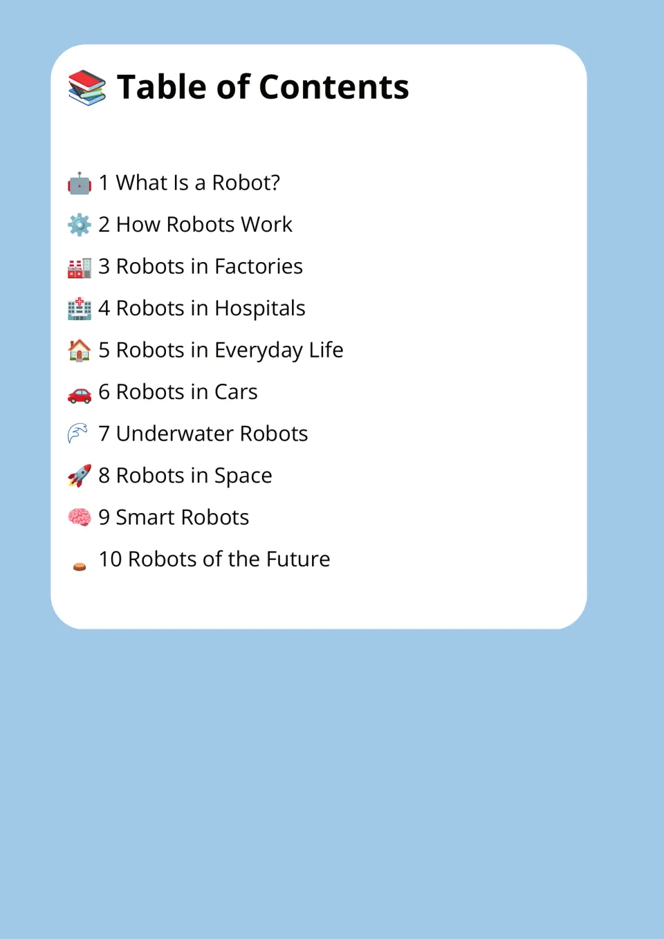 Table of contents listing the ten robot passages, from What Is a Robot? to Robots of the Future, with icons