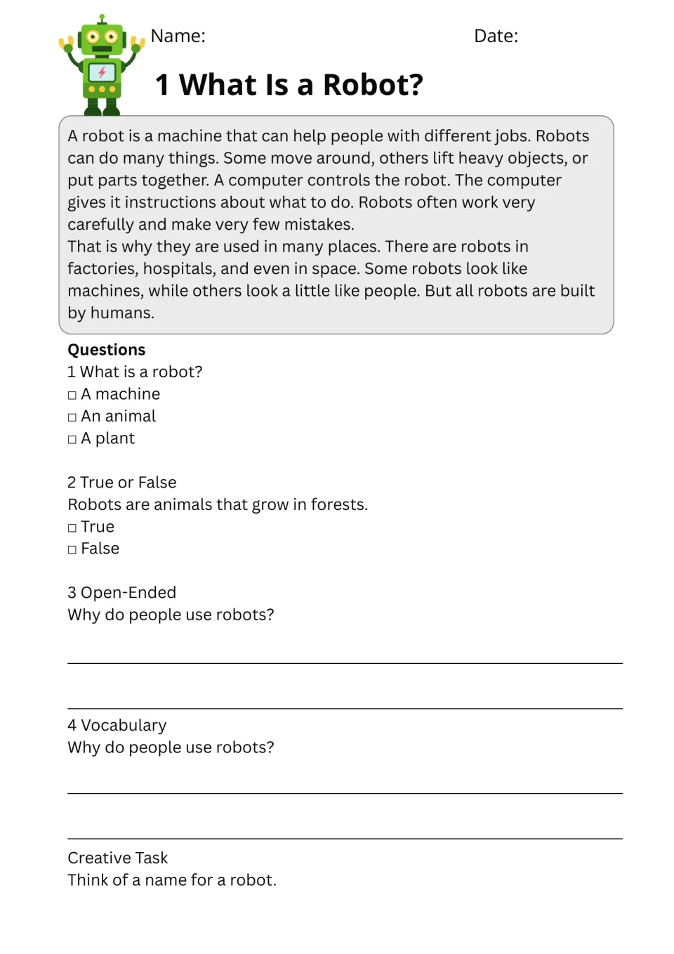 What Is a Robot? passage: students read, answer multiple choice and true/false, then write about why people use robots