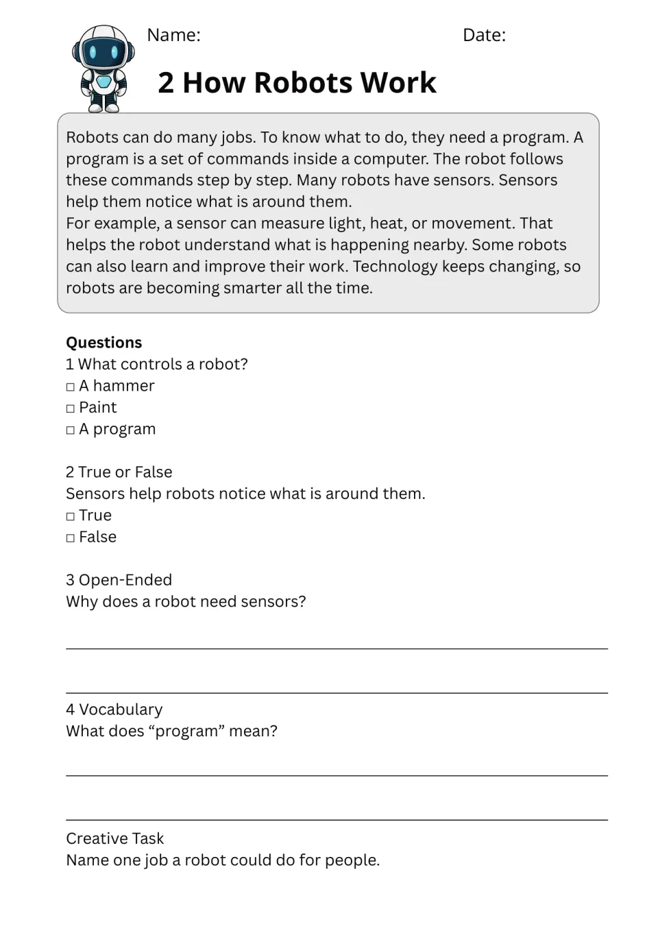 How Robots Work passage on programs and sensors: students answer questions and define the vocabulary word program