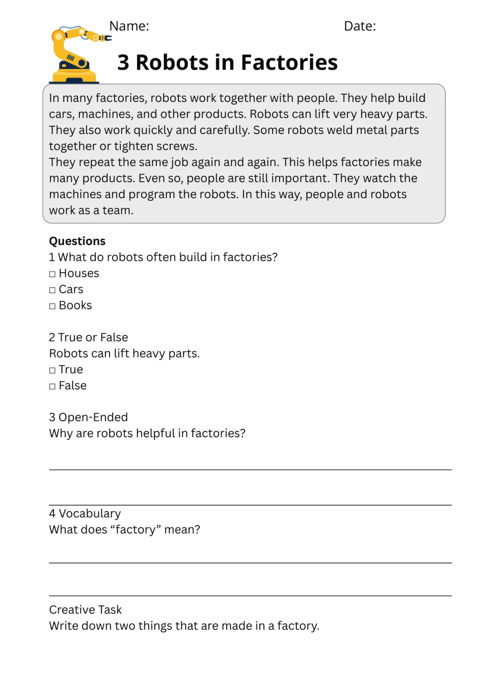 Robots in Factories passage: students read about robots and people working together, then answer questions