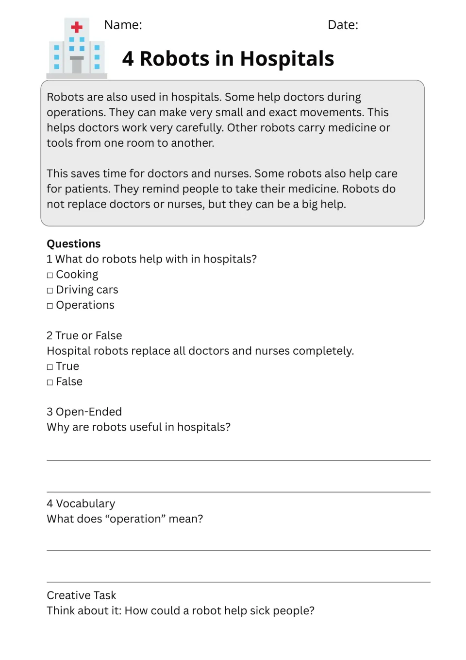 Robots in Hospitals passage: students read how robots assist doctors, then answer questions and define operation