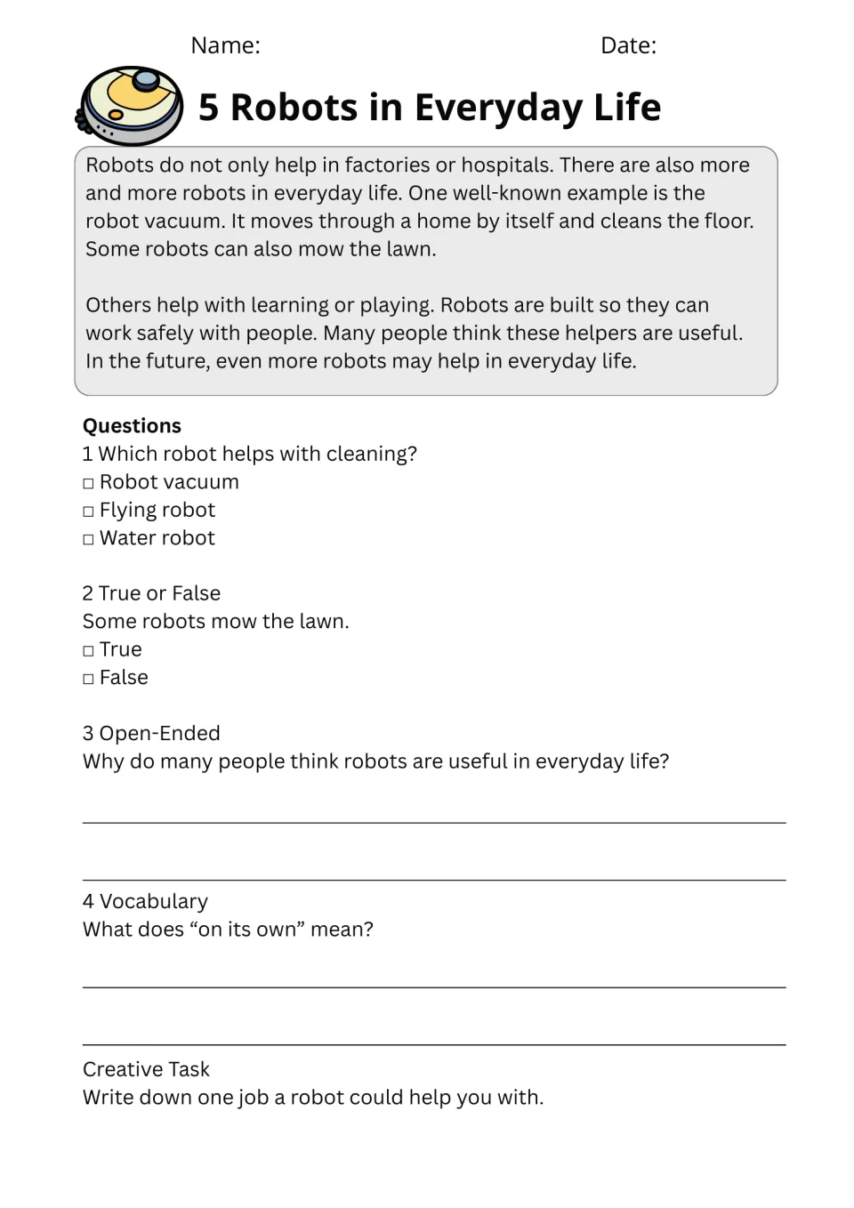 Robots in Everyday Life passage about robot vacuums and lawn mowers: students answer questions and define on its own