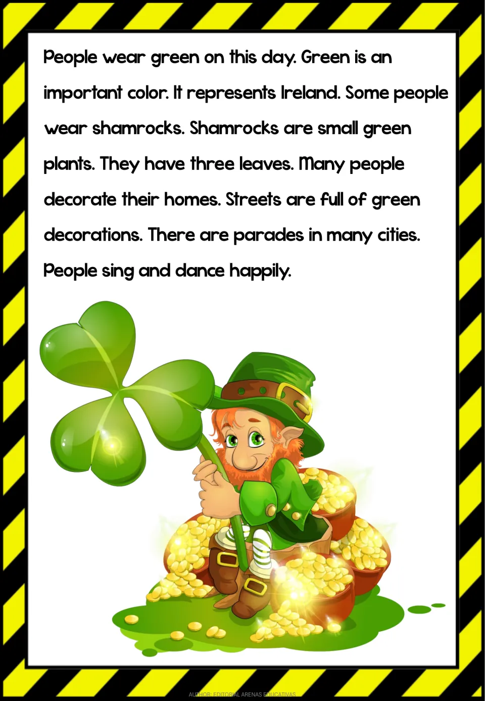 Mini book reading part 2 explains wearing green, three-leaf shamrocks, decorations, and city parades