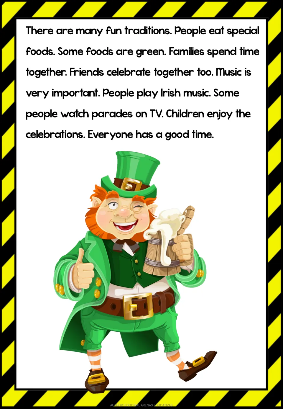 Mini book reading part 3 describes special foods, family gatherings, Irish music, and parades on TV