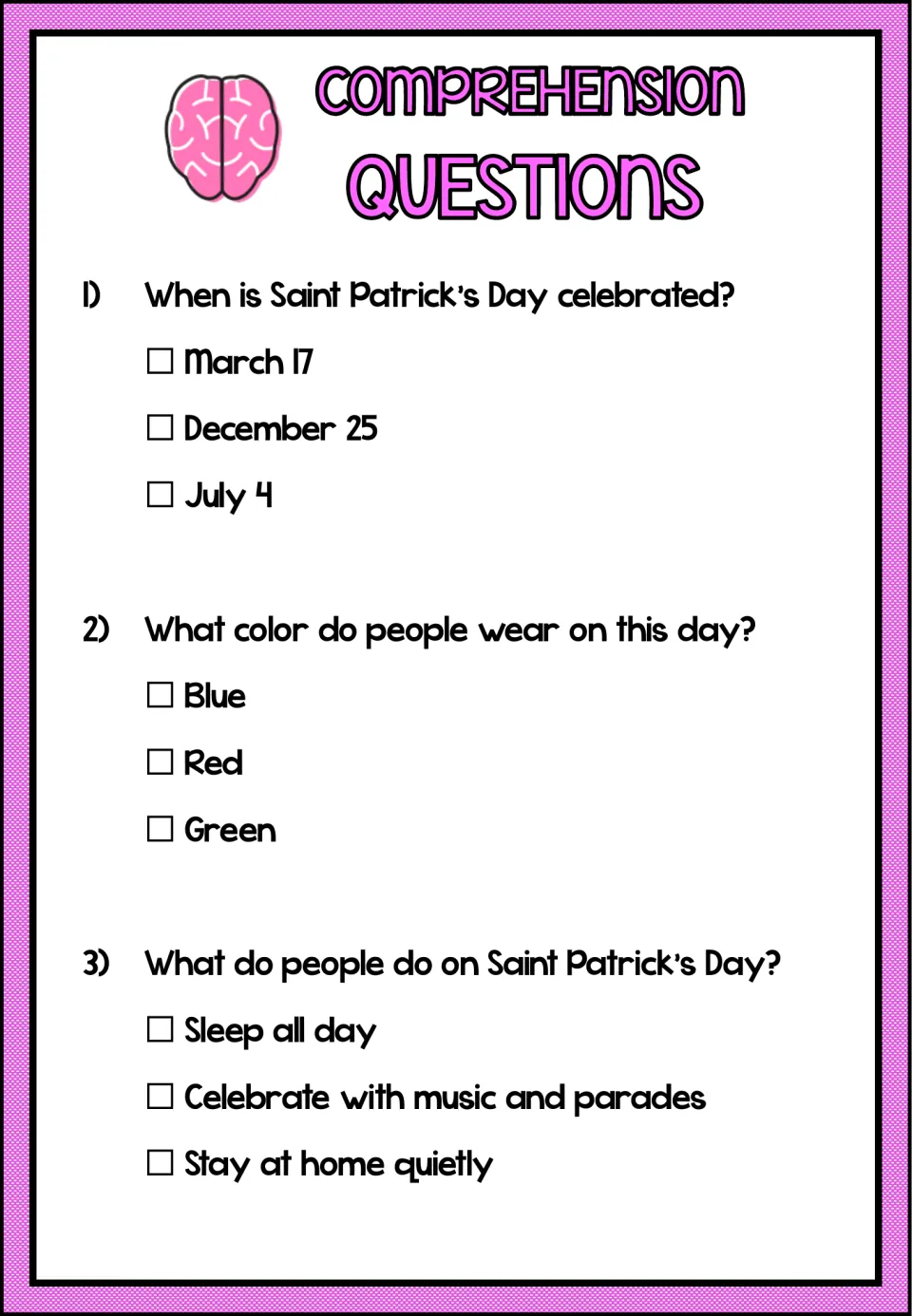 Three multiple-choice comprehension questions ask about the holiday’s date, clothing color, and celebrations