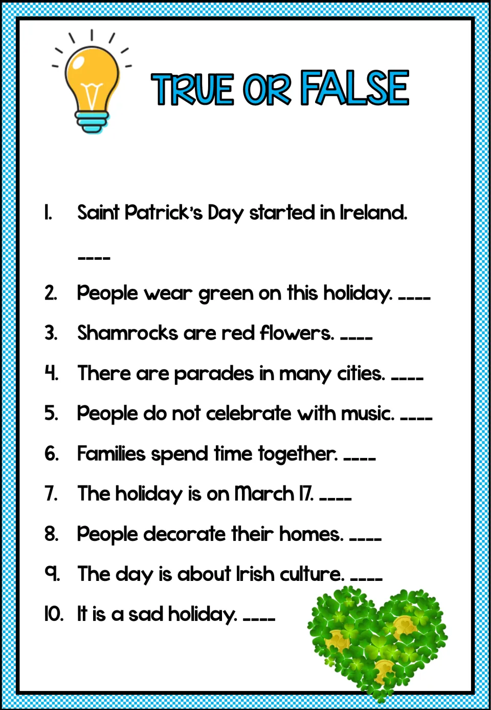 Ten true-or-false statements check passage details about Ireland, green clothing, shamrocks, and celebrations
