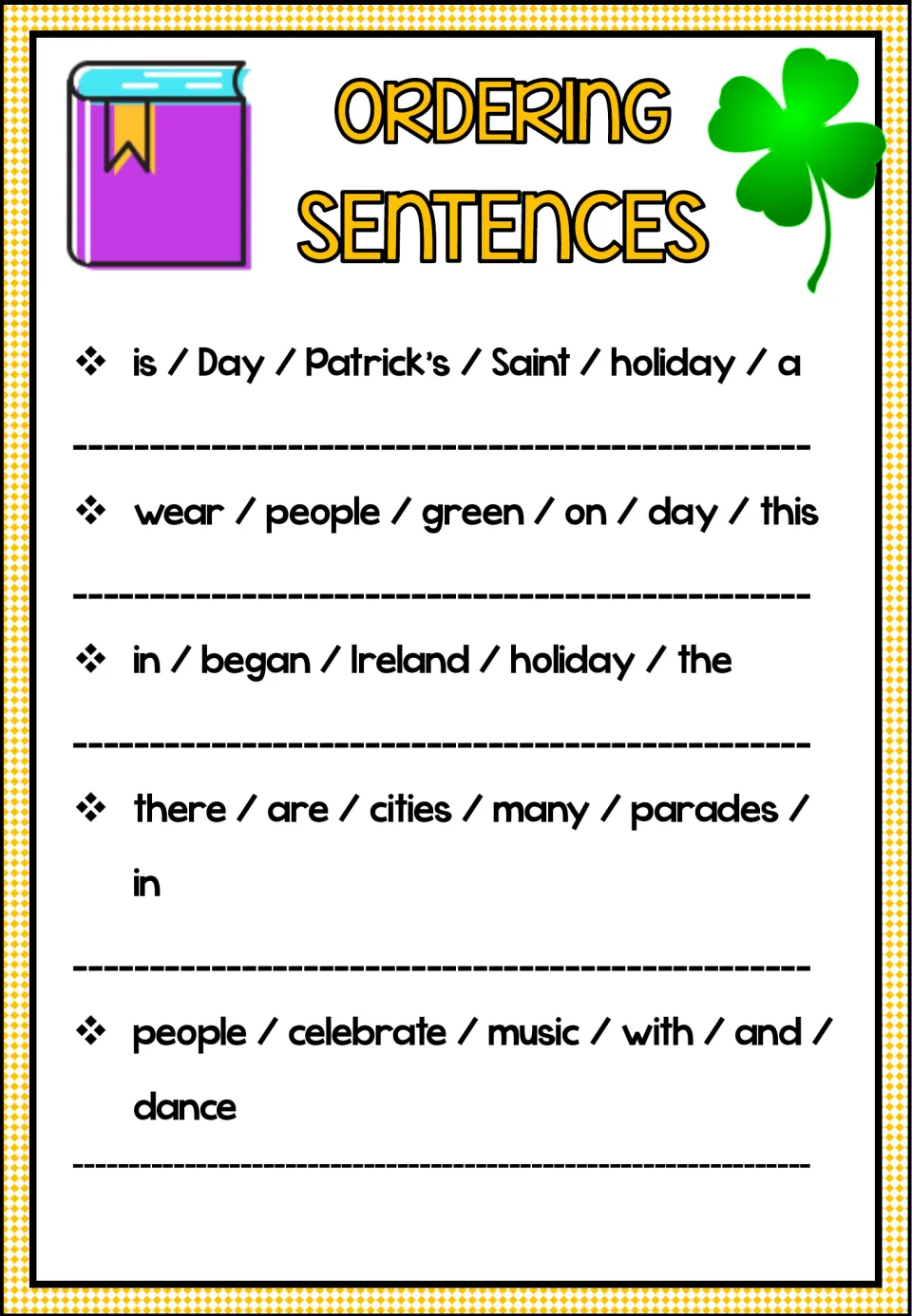 Five scrambled sentences use holiday facts about Saint Patrick’s Day, green clothing, Ireland, and parades