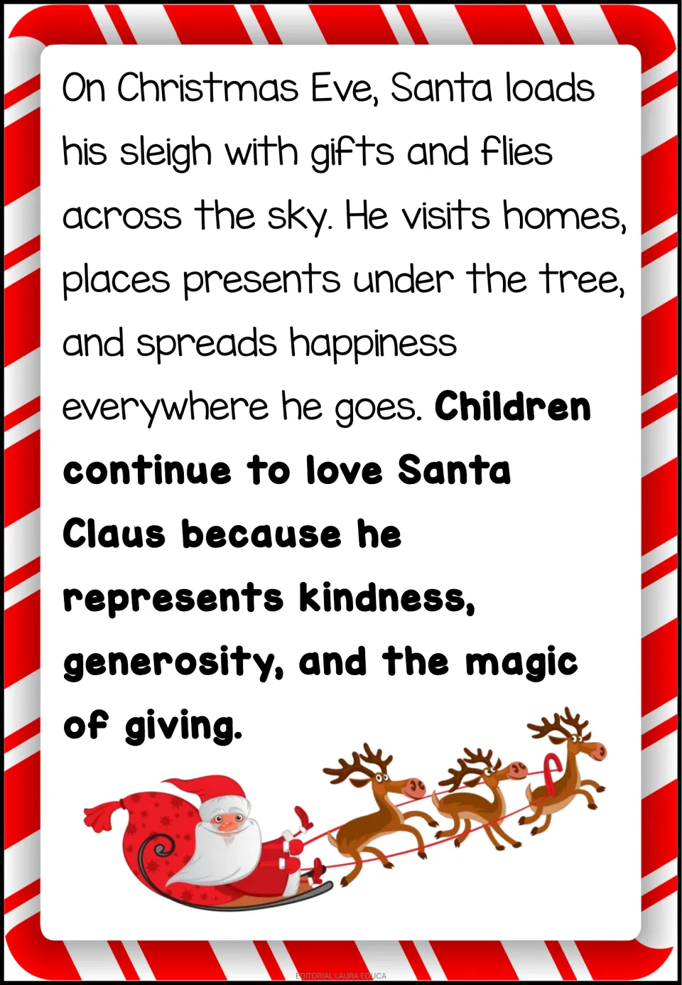 Reading passage part 5 describes Santa delivering gifts on Christmas Eve and representing kindness and generosity.
