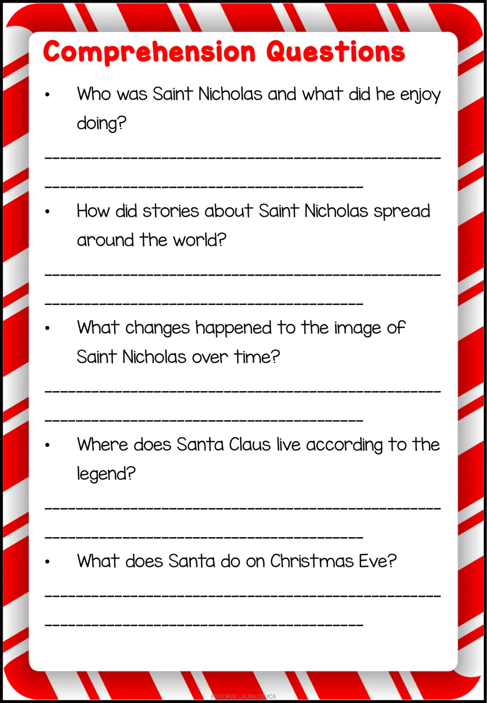 Five comprehension questions ask about Saint Nicholas, his changing image, Santa's home, and Christmas Eve.