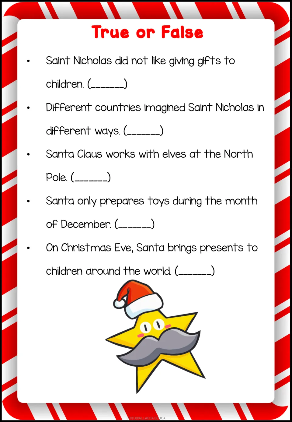 Five true-or-false statements check details about Saint Nicholas, elves, toy preparation, and gift delivery.